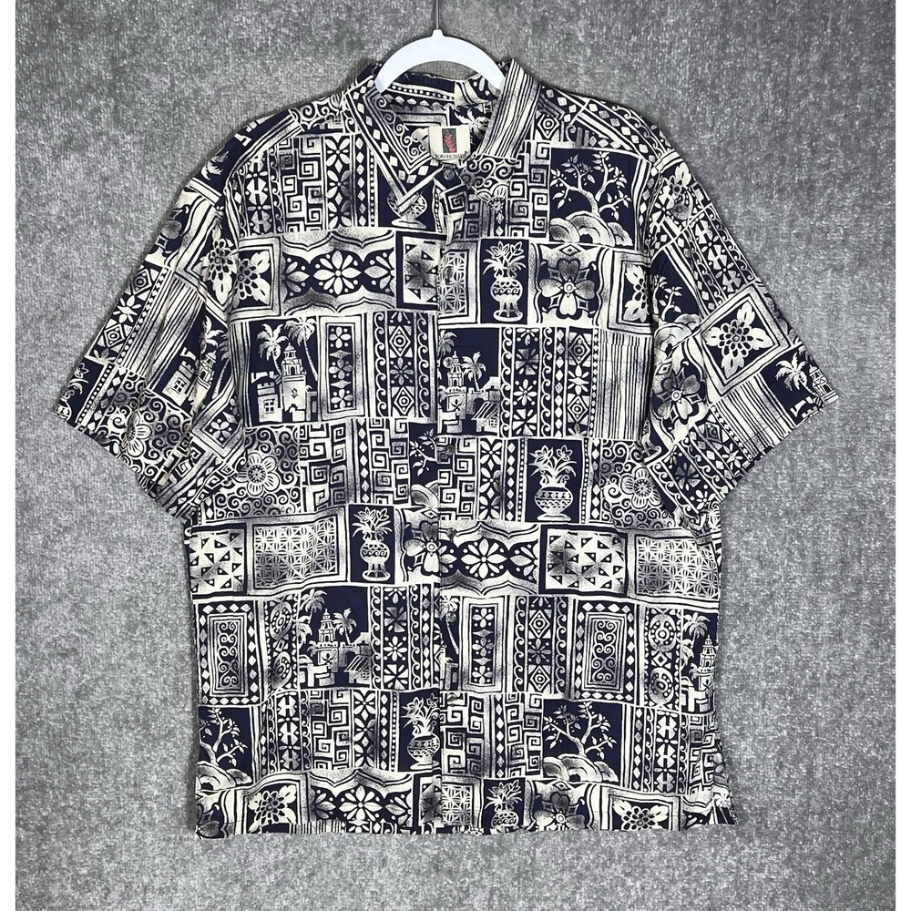 Tori Richard Honolulu Cotton Lawn Button Up Shirt Mens Sz XL Blue Tribal Pocket